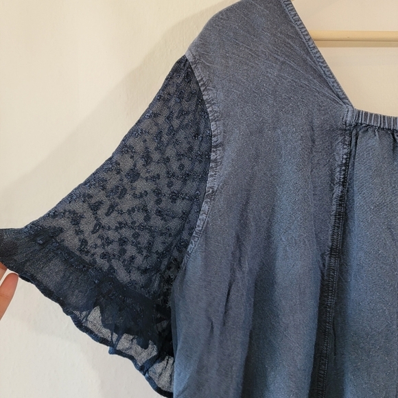 Denim 24/7 Navy Floral Embroidered Lagenlook Top Sz 26W Button Front Gauze - Picture 8 of 12